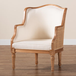 Baxton Studio bali Elizette French-Inspired Beige Fabric Accent Chair with Honey Oak Wood & Rustic Rattan Details SEA689-Light wood-NAT01/White-F00