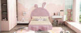 English Elm Full Size Upholstered Rabbit-Shape Bed With 2 Storage Stools, Velvet Platform Bed With Cartoon Ears Shaped Headboard, Pink