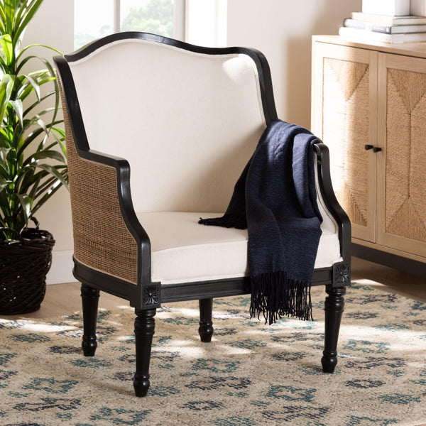 Baxton Studio bali Elizette Traditional French Accent Chair in Beige Fabric & Black Wood – Elegant & Cozy Design SEA689-Black wood-BM02/White-F00