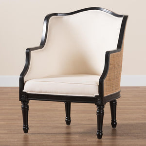 Baxton Studio bali Elizette Traditional French Accent Chair in Beige Fabric & Black Wood – Elegant & Cozy Design SEA689-Black wood-BM02/White-F00