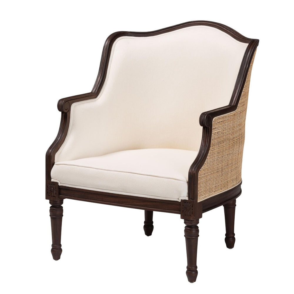 Baxton Studio bali Ornella French Accent Chair in Beige Fabric with Dark Brown Wood for Classic Home Elegance SEA667-Dark wood-NAT03/White-F00