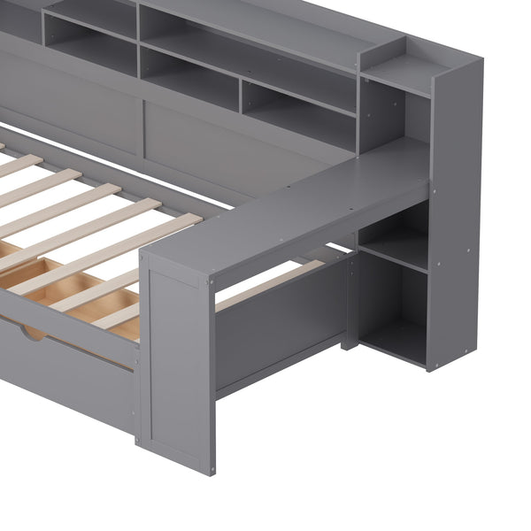 English Elm Wooden Twin Daybed with Built-In Desk, Side Shelves and Dual Drawers for Smart Space Saving Gray 54.9 L x 18.75 W x 5.6 H N733S241484E