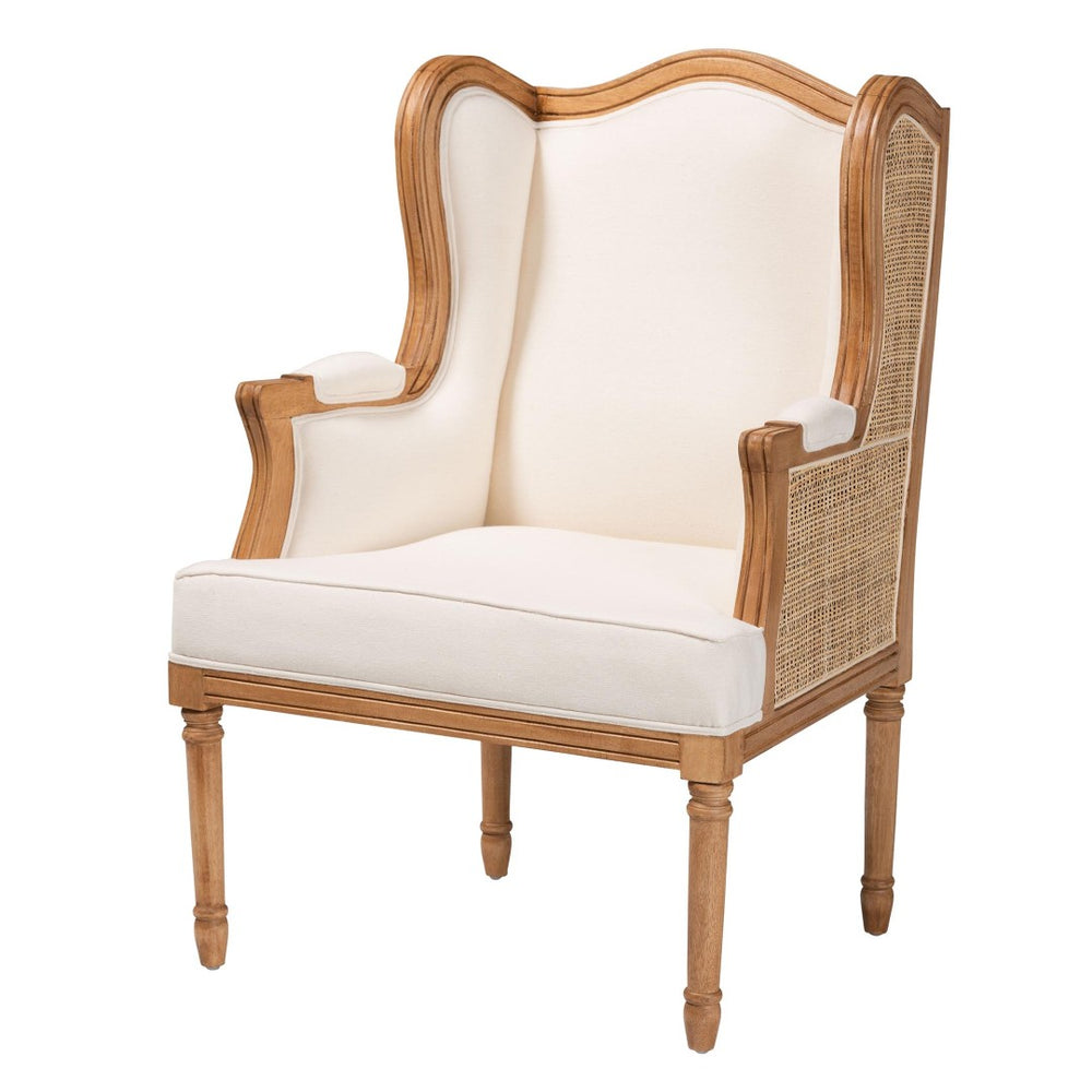 Baxton Studio bali Rachana Traditional French Beige Accent Chair with Honey Oak Finish & Woven Rattan Details SEA675-Light wood-NAT01/White-F00