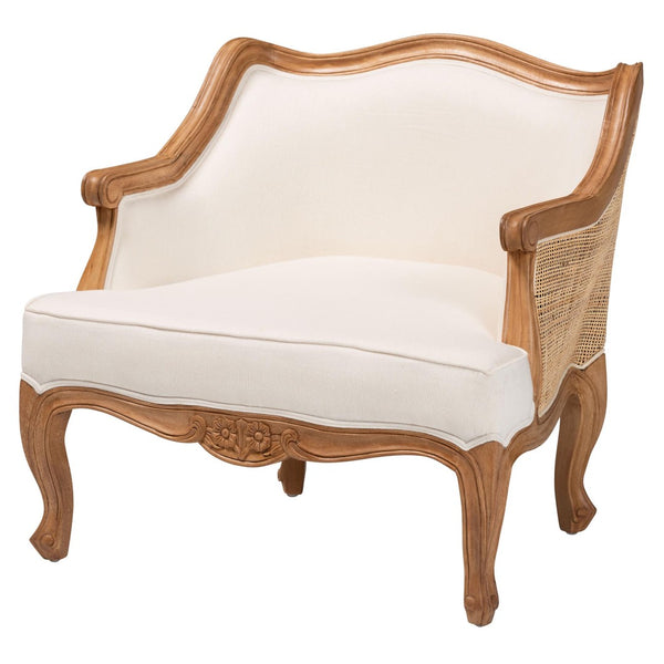 Baxton Studio bali Sylvestra Compact Accent Chair in Beige Fabric & Honey Oak - French Elegance for Small Spaces SEA670-Light ton wood-NAT01/White-F00