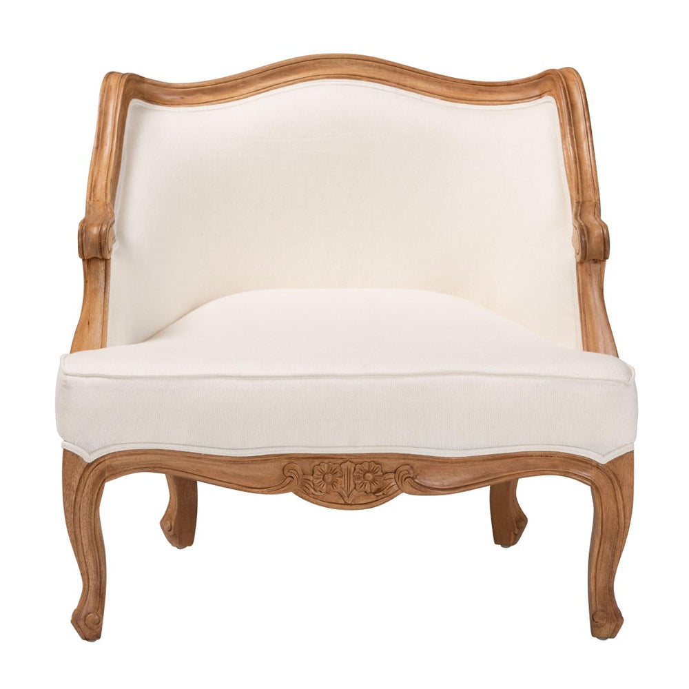 Baxton Studio bali Sylvestra Compact Accent Chair in Beige Fabric & Honey Oak - French Elegance for Small Spaces SEA670-Light ton wood-NAT01/White-F00