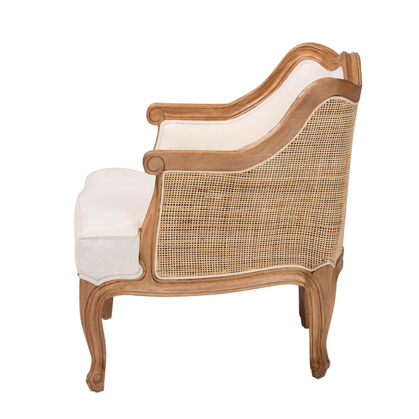 Baxton Studio bali Sylvestra Compact Accent Chair in Beige Fabric & Honey Oak - French Elegance for Small Spaces SEA670-Light ton wood-NAT01/White-F00