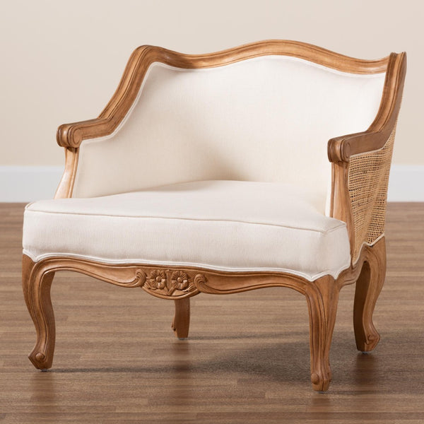 Baxton Studio bali Sylvestra Compact Accent Chair in Beige Fabric & Honey Oak - French Elegance for Small Spaces SEA670-Light ton wood-NAT01/White-F00