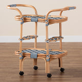 bali and pari Chasca Modern Bohemian Blue and White Weaving and Natural Rattan Wine Cart