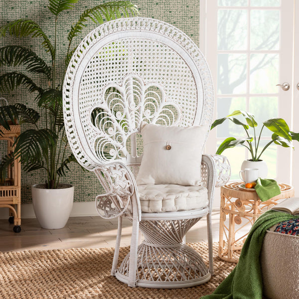 Baxton Studio Ediva Modern Bohemian White Natural Rattan Peacock Accent Chair