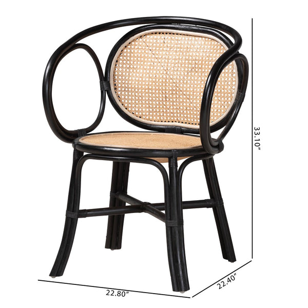 Baxton Studio bali Palesa Modern Bohemian Rattan Dining Chair - Two-Tone Black & Natural Brown, Handcrafted Comfort WS032-Black-Rattan-DC