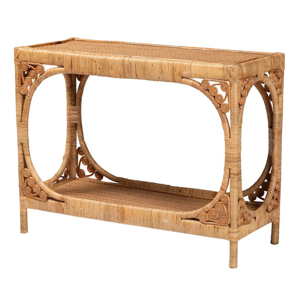 Baxton Studio bali Bali Ramona Modern Bohemian Rattan Console Table - Light Honey Finish, Open Shelf & Artful Design DCWH1001-Light Honey Rattan-Ramona Console Table