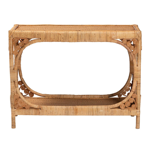 Baxton Studio bali Bali Ramona Modern Bohemian Rattan Console Table - Light Honey Finish, Open Shelf & Artful Design DCWH1001-Light Honey Rattan-Ramona Console Table