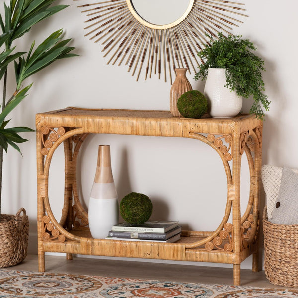 Baxton Studio bali Bali Ramona Modern Bohemian Rattan Console Table - Light Honey Finish, Open Shelf & Artful Design DCWH1001-Light Honey Rattan-Ramona Console Table