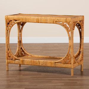 Baxton Studio bali Bali Ramona Modern Bohemian Rattan Console Table - Light Honey Finish, Open Shelf & Artful Design DCWH1001-Light Honey Rattan-Ramona Console Table