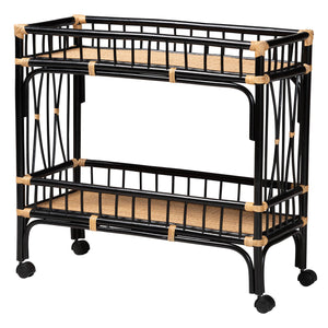 bali & pari Dalinda Modern Bohemian Two-Tone Black and Natural Brown Rattan 2-Tier Kitchen Cart