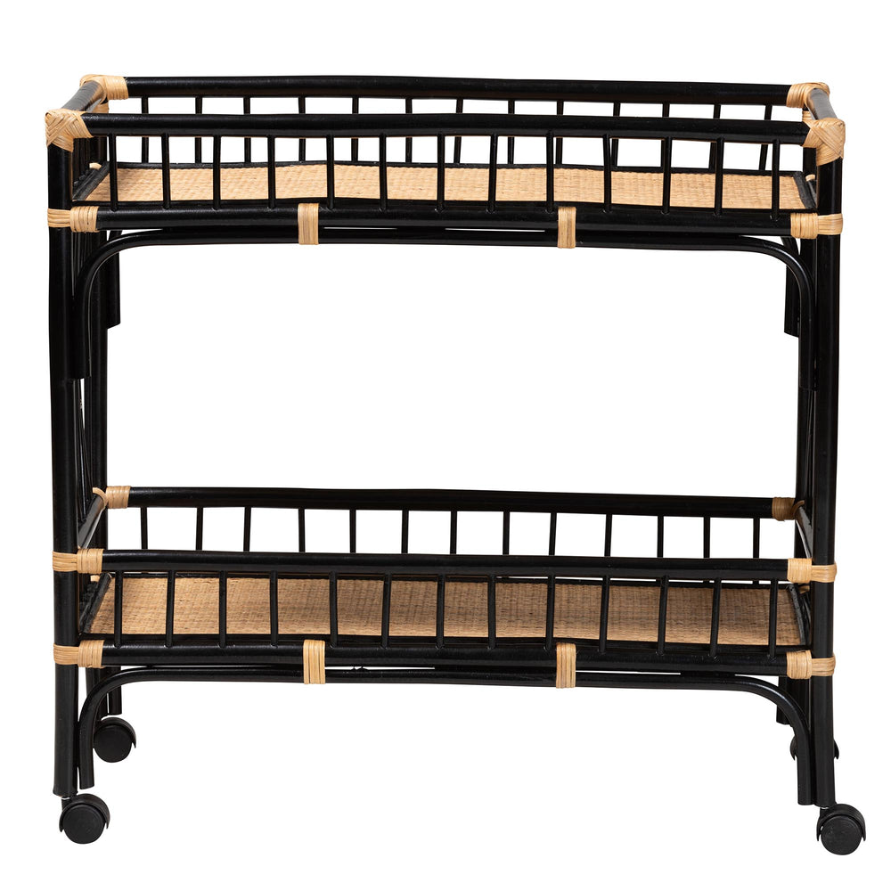 bali & pari Dalinda Modern Bohemian Two-Tone Black and Natural Brown Rattan 2-Tier Kitchen Cart