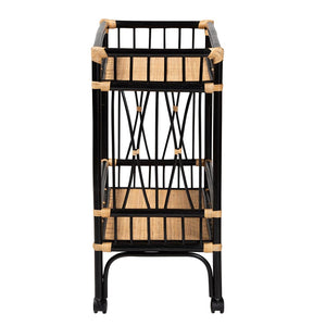 bali & pari Dalinda Modern Bohemian Two-Tone Black and Natural Brown Rattan 2-Tier Kitchen Cart