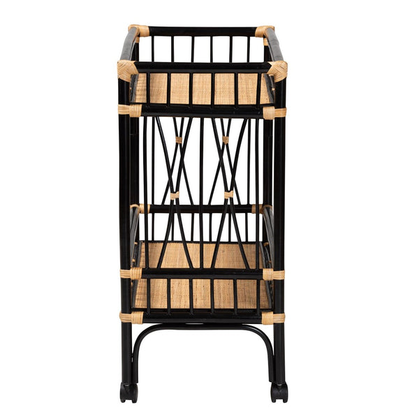 bali & pari Dalinda Modern Bohemian Two-Tone Black and Natural Brown Rattan 2-Tier Kitchen Cart