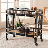 bali & pari Dalinda Modern Bohemian Two-Tone Black and Natural Brown Rattan 2-Tier Kitchen Cart