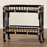 bali & pari Dalinda Modern Bohemian Two-Tone Black and Natural Brown Rattan 2-Tier Kitchen Cart