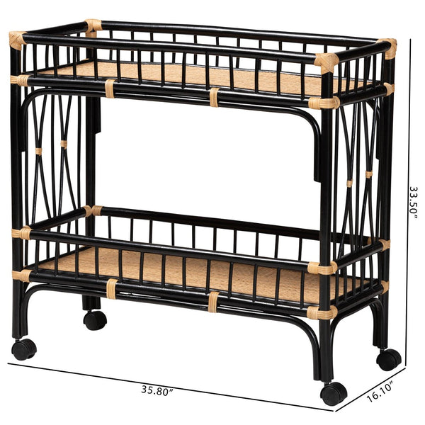bali & pari Dalinda Modern Bohemian Two-Tone Black and Natural Brown Rattan 2-Tier Kitchen Cart