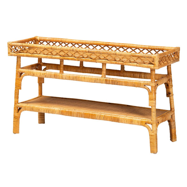 Baxton Studio bali Savitri Handcrafted Modern Bohemian Rattan Console Table with 2-Tier Storage & Unique Design DCWH1004-Light Honey Rattan-Lucia Console Table
