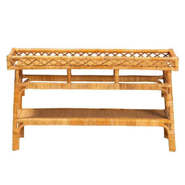Baxton Studio bali Savitri Handcrafted Modern Bohemian Rattan Console Table with 2-Tier Storage & Unique Design DCWH1004-Light Honey Rattan-Lucia Console Table
