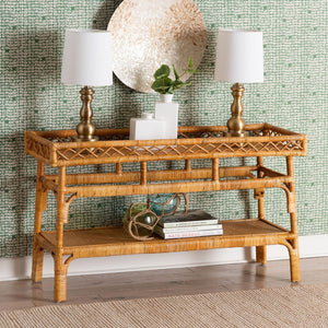 Baxton Studio bali Savitri Handcrafted Modern Bohemian Rattan Console Table with 2-Tier Storage & Unique Design DCWH1004-Light Honey Rattan-Lucia Console Table