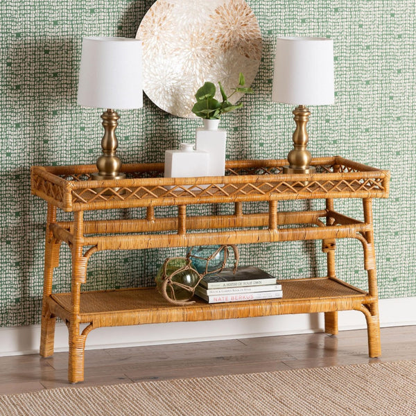 Baxton Studio bali Savitri Handcrafted Modern Bohemian Rattan Console Table with 2-Tier Storage & Unique Design DCWH1004-Light Honey Rattan-Lucia Console Table