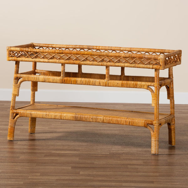 Baxton Studio bali Savitri Handcrafted Modern Bohemian Rattan Console Table with 2-Tier Storage & Unique Design DCWH1004-Light Honey Rattan-Lucia Console Table