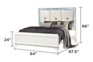 English Elm Laguna Queen Bed with Upholstered Headboard, Blue Marble Accents, Integrated LED Lighting, White Elegance B009S01453
