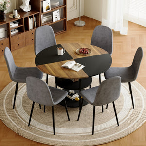 English Elm Table and Chair Set Sunburst Mdf Round Dining for Six with Dual Shelf Black Metal Legs W1151S03850