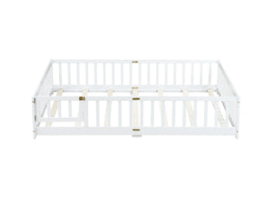 English Elm Queen Floor Bed with Safety Fence and Guardrails, Rubberwood Low Profile Platform for Kids White W504P286387