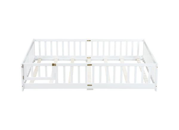 English Elm Queen Floor Bed with Safety Fence and Guardrails, Rubberwood Low Profile Platform for Kids White W504P286387