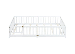 English Elm Queen Rubber Wood Floor Bed with Full Perimeter Safety Fence and Hinged Access Door White W504P429340