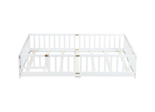 English Elm Queen Rubber Wood Floor Bed with Full Perimeter Safety Fence and Hinged Access Door White W504P429340