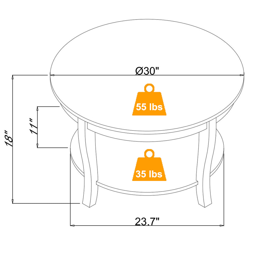 English Elm Traditional Round Coffee Table with Open Shelf, 2-Tier Solid Wood Accent Table for Small Spaces Walnut W1693P216929