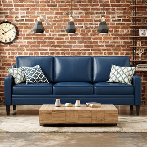 English Elm 78.75'' Slipcovered Faux Leather Sofa with High-Density Foam, Solid Wood Frame, Easy-Clean Finish Blue T3623P411305