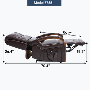 English Elm Power Lift Recliner with Dual Motor Heat Massage Wood Armrests Brown Leatheraire W1803S00080