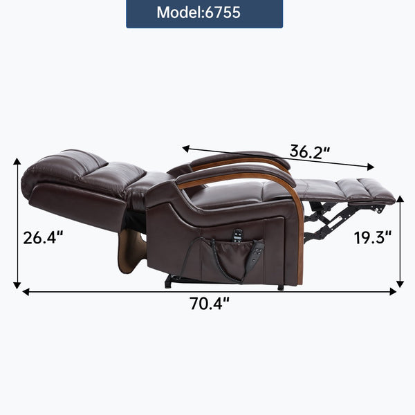 English Elm Power Lift Recliner with Dual Motor Heat Massage Wood Armrests Brown Leatheraire W1803S00080