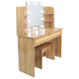 English Elm Vanity Desk Set Stool & Dressing Table With Led Lighting Mirror Drawer and Compartments Modern Wood Cosmetic Table Chest Of Drawers Nature Color