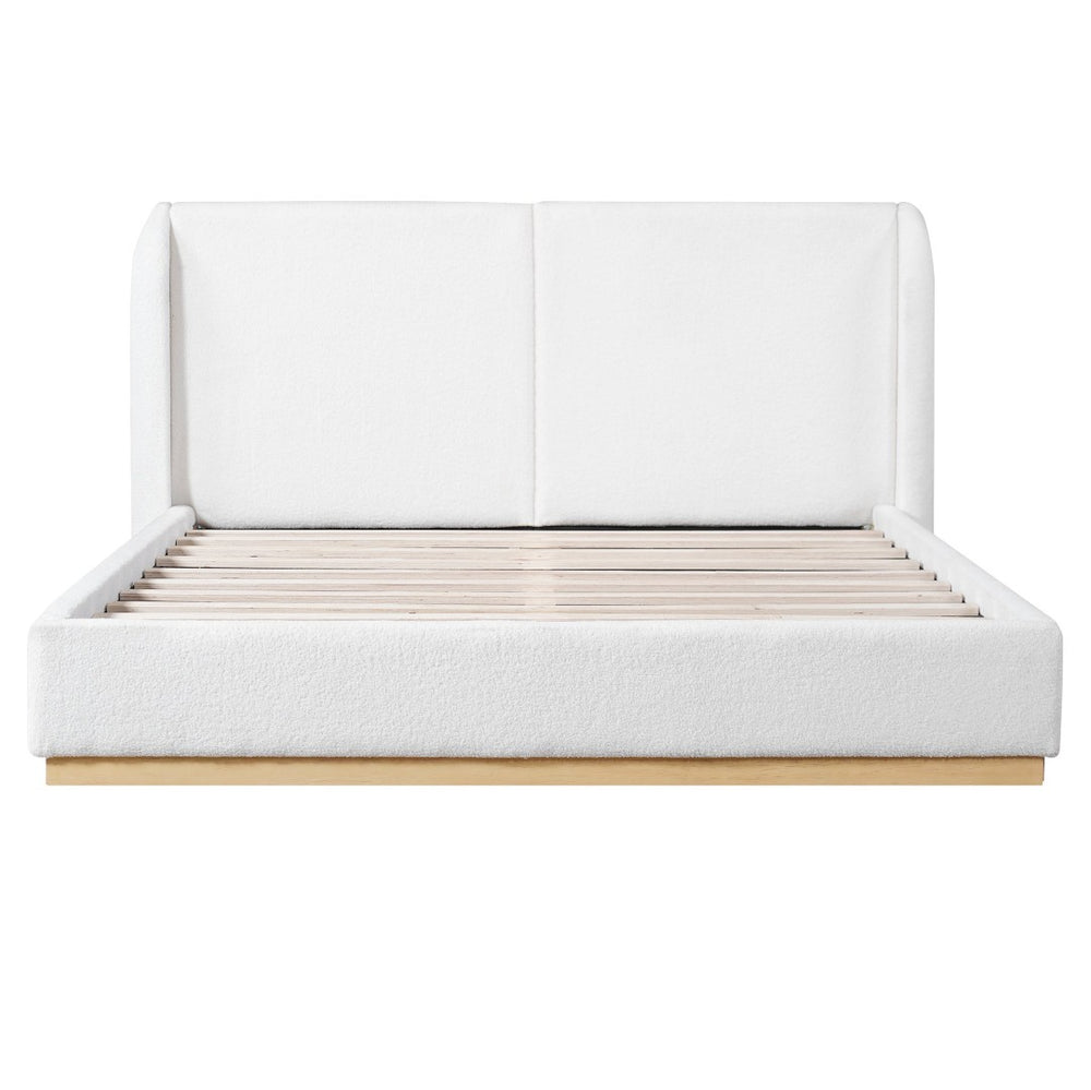 English Elm Modern Bouclé Upholstered Queen Bed Sculptural Winged Headboard Enclosed Wood Base N769Q376582W