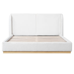 English Elm Modern Bouclé Upholstered Queen Bed Sculptural Winged Headboard Enclosed Wood Base N769Q376582W