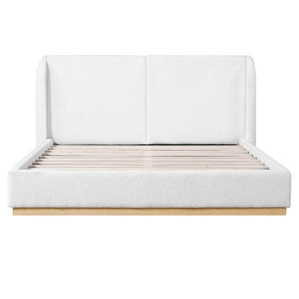 English Elm Modern Bouclé Upholstered Queen Bed Sculptural Winged Headboard Enclosed Wood Base N769Q376582W