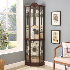 English Elm Glass Corner Curio Cabinet Lighted Dark Wood Display with Carved Crown Floral Detail Cherry W2275P292645