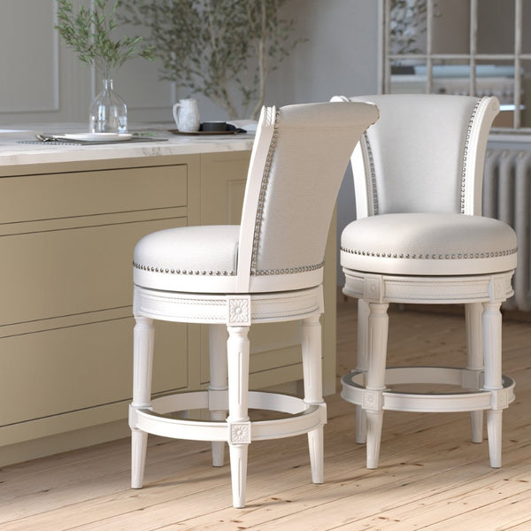 English Elm 26in. Wood High-back Swivel Barstool Farmhouse Style Nailhead Upholstered Kitchen Seat White B2751P436430