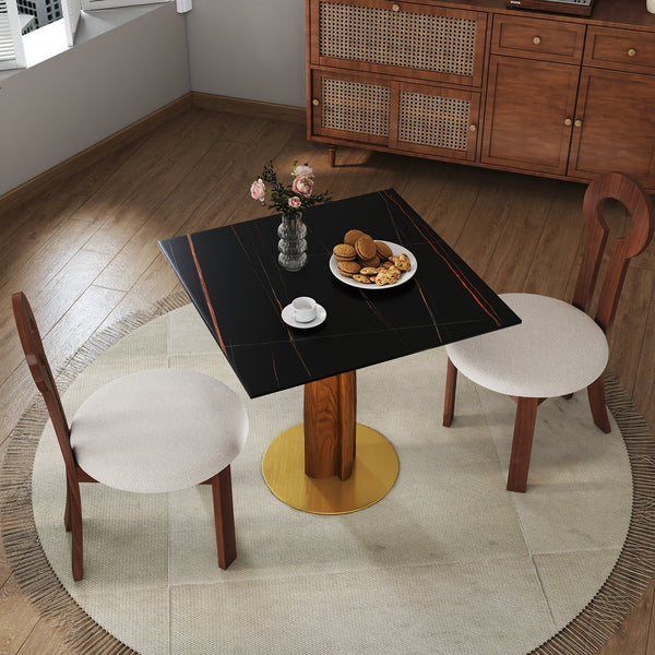 English Elm Modern Square Dining Table – 33.5" Sintered Stone & Wooden Legs, Chic Gold Base For Small Spaces W1535S00603