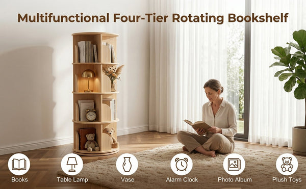 English Elm 3 Tier Spinning Round Bookcase Natural Wood Floor Shelf for Bedroom or Study W2989P460327