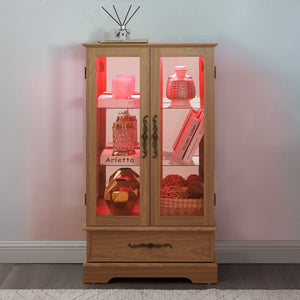 English Elm Lighted Glass Curio Display Cabinet - Elegant Oak Finish, Led Lighting, Adjustable Shelves & Secure Storage W1758P290020