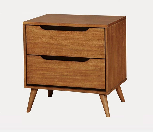 English Elm Mid-Century Nightstand with Solid Wood Construction, Tapered Round Legs, Recessed Pulls, 2-Drawer Stylish Bedside Table Oak 28 L x 21 W x 21 H B011P236773